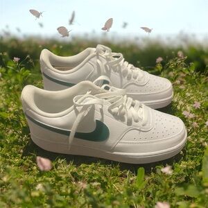 White Sneakers with Green Swoosh NIKE